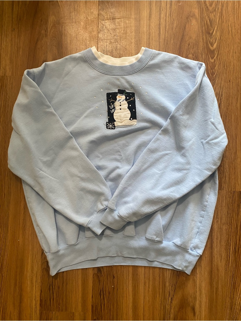 Vintage 90s Embroidered Snowman Light Blue Double Collar Sweatshirt